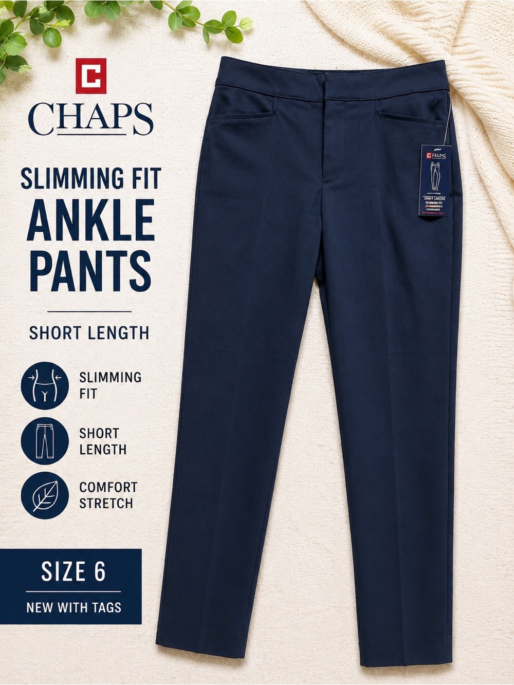 NWT Chaps Navy Slimming Fit Ankle Pants Short Length Size 6